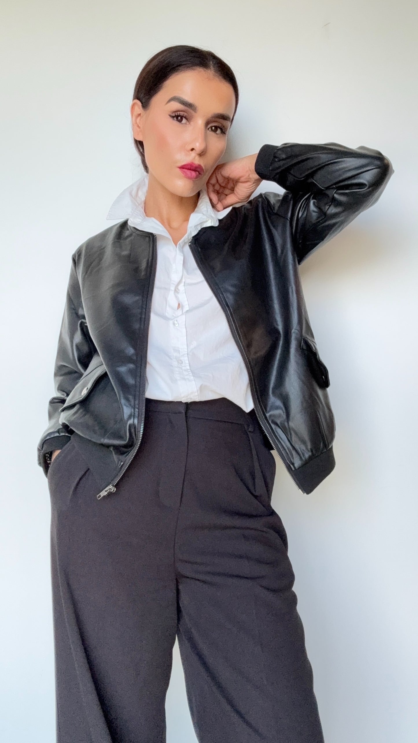 Veste bomber en simili cuir noir