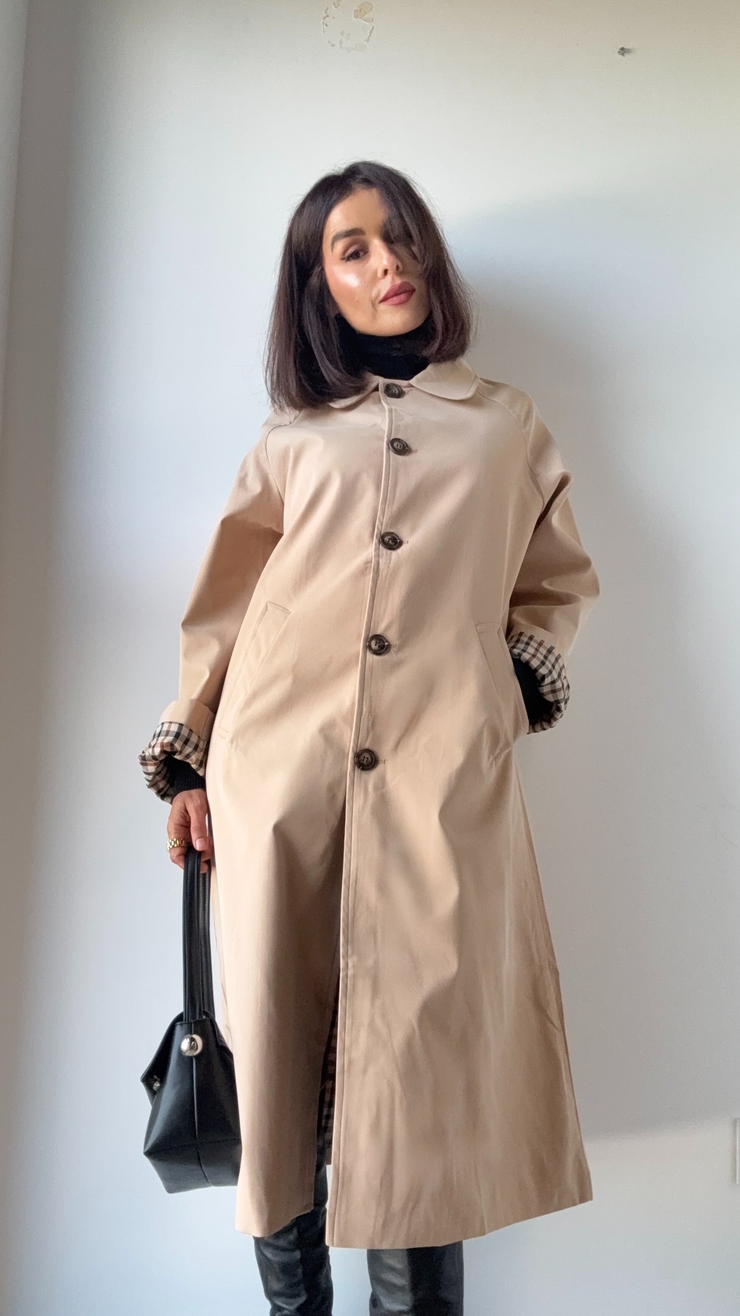 Trench long beige à carreaux intérieur – Épais & Chaud