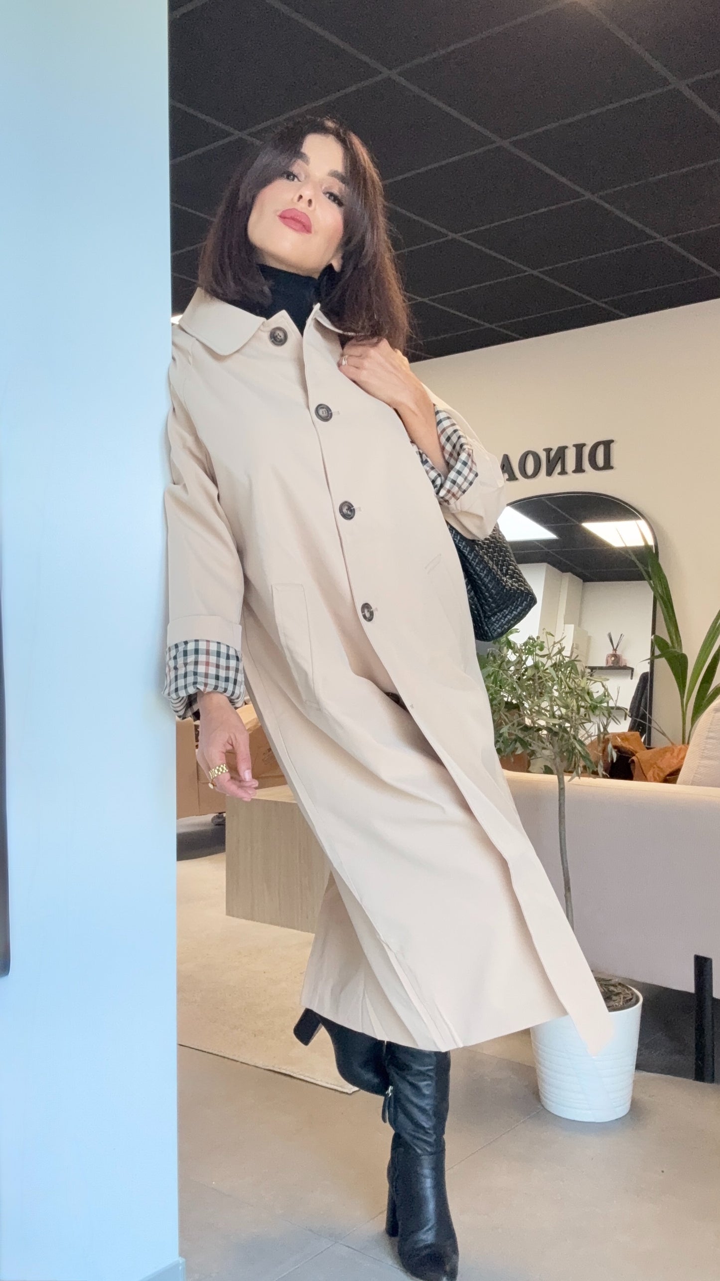 Trench long beige à carreaux intérieur – Épais & Chaud
